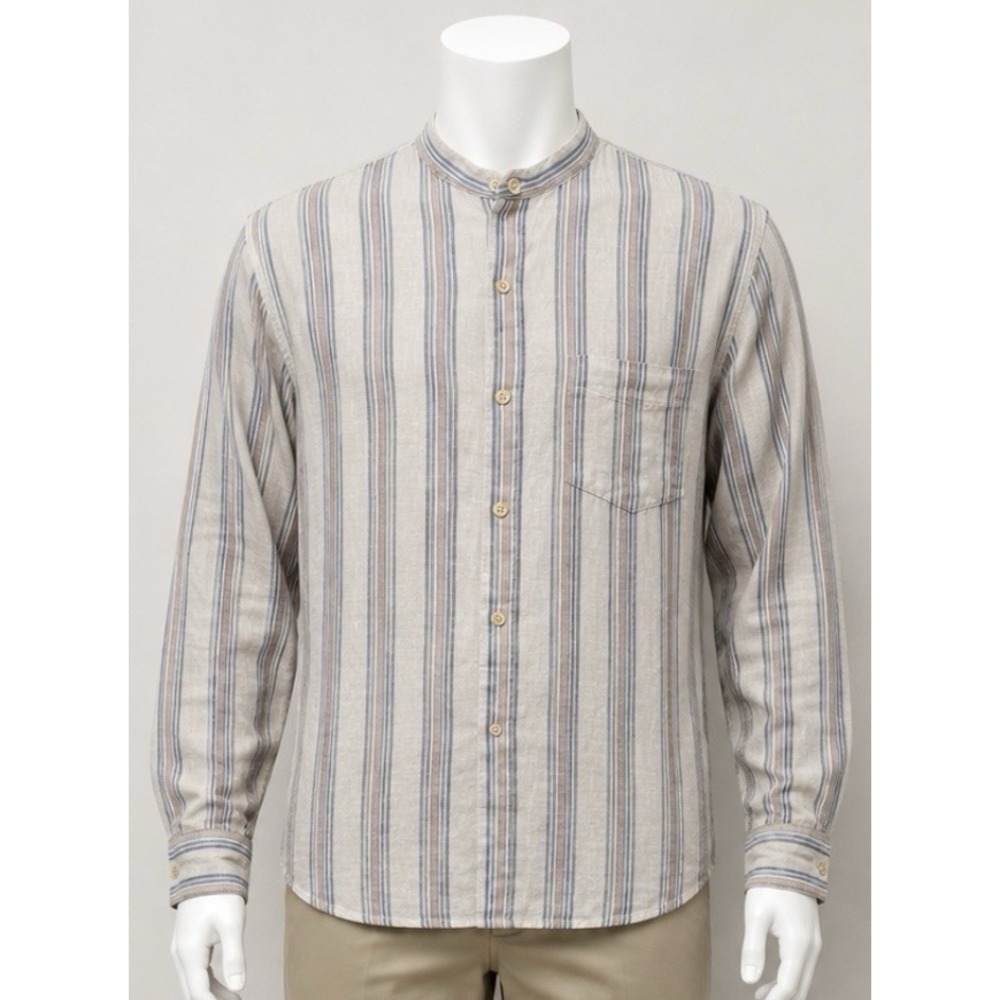 BEN SHERMAN Men's Button Up Long Sleeve Linen Shirt Medium M White Blue Stripe
